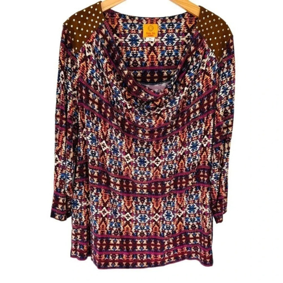Ruby Rd Woman Plus Size 2X Cowl Neck Long Sleeve Geometric Print Tunic Top - Picture 2 of 5